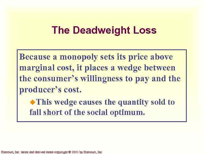 The Deadweight Loss Because a monopoly sets its price above marginal cost, it places