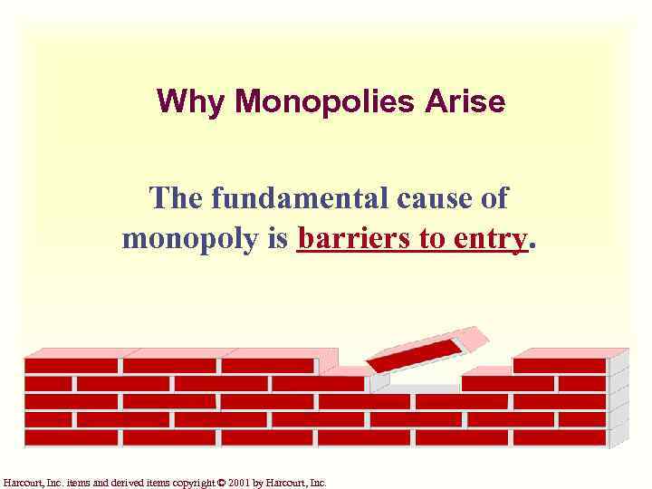 Why Monopolies Arise The fundamental cause of monopoly is barriers to entry. Harcourt, Inc.