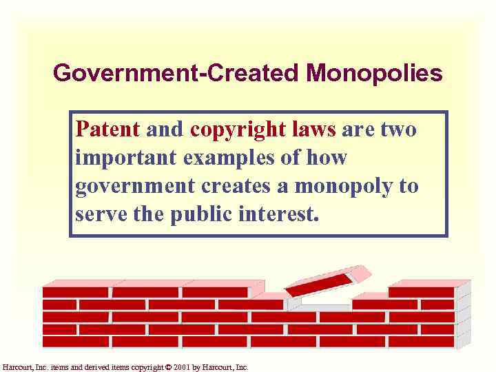 Government-Created Monopolies Patent and copyright laws are two important examples of how government creates