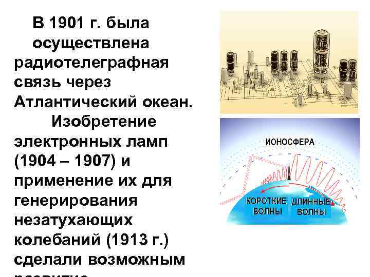 В 1901 г. была осуществлена радиотелеграфная связь через Атлантический океан. Изобретение электронных ламп (1904