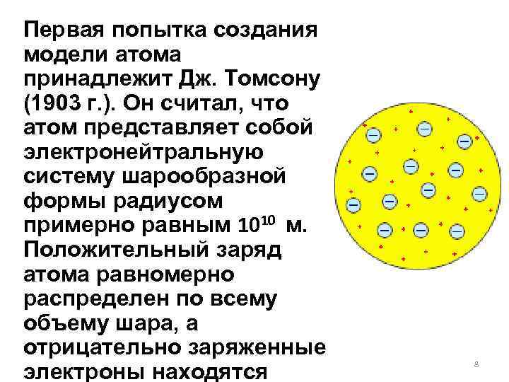 Первая попытка создания модели атома принадлежит Дж. Томсону (1903 г. ). Он считал, что