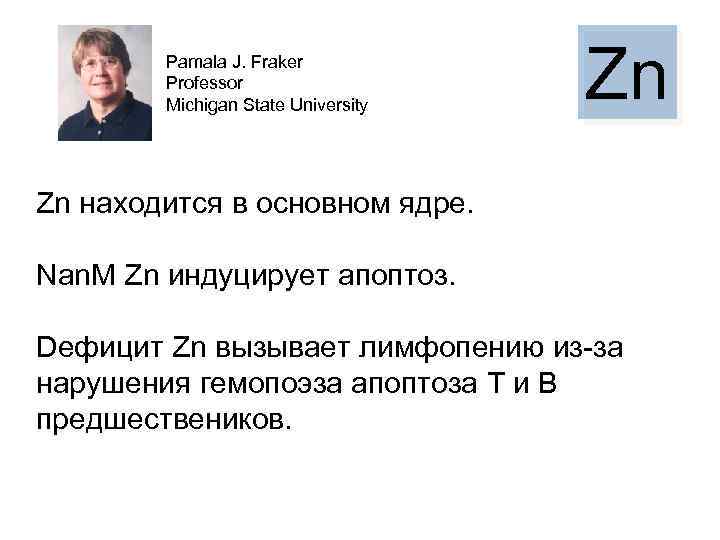 Pamala J. Fraker Professor Michigan State University Zn Zn находится в основном ядре. Nan.