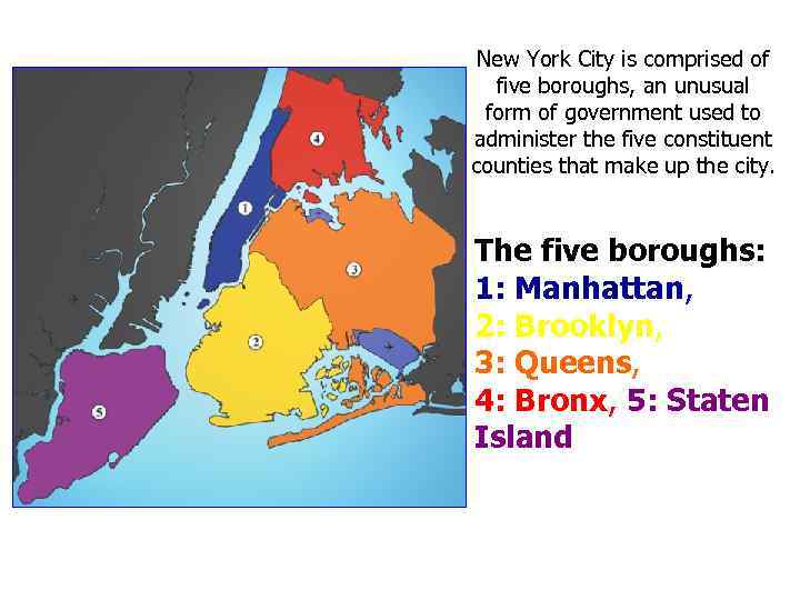 New York City is comprised of five boroughs, an unusual form of government used