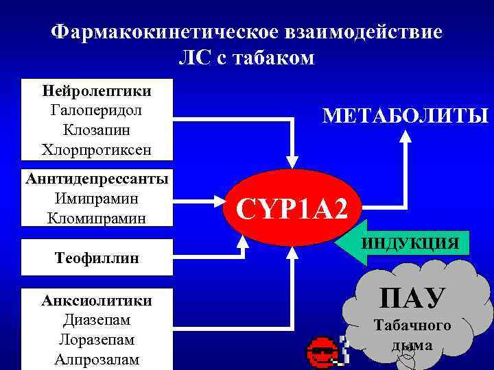 Фармакокинетическое взаимодействие ЛС с табаком Нейролептики Галоперидол Клозапин Хлорпротиксен Аннтидепрессанты Имипрамин Кломипрамин Теофиллин Анксиолитики