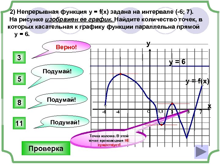 2) Непрерывная функция у = f(x) задана на интервале (-6; 7). На рисунке изображен