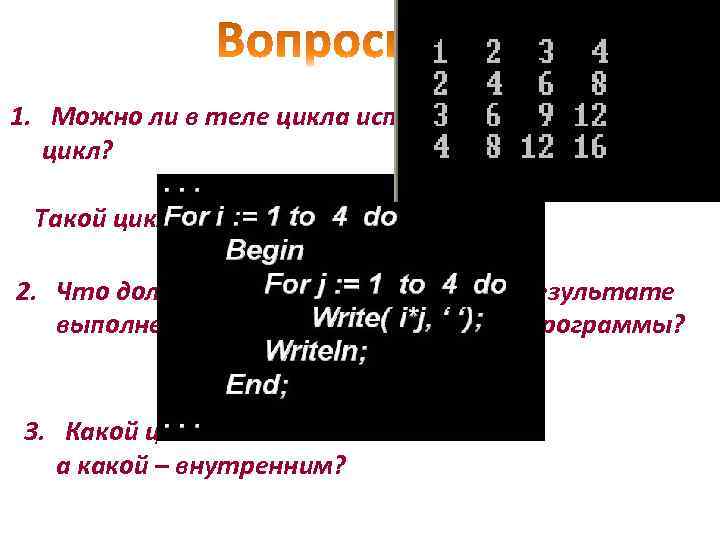 1. Можно ли в теле цикла использовать тоже цикл? Такой цикл называется вложенным. 2.