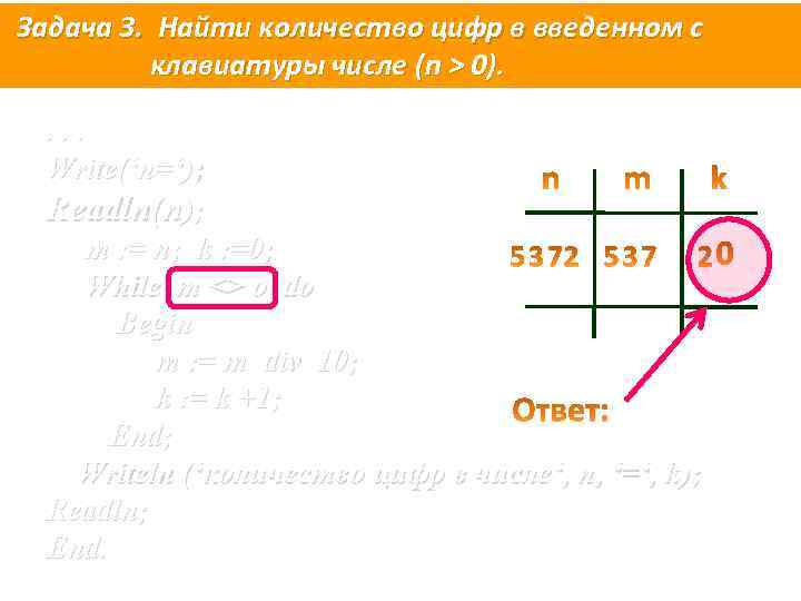 Задача 3. Найти количество цифр в введенном с клавиатуры числе (n > 0). .