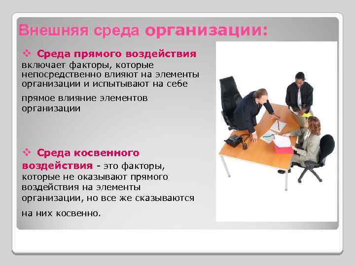 Внешняя среда организации: v Среда прямого воздействия включает факторы, которые непосредственно влияют на элементы