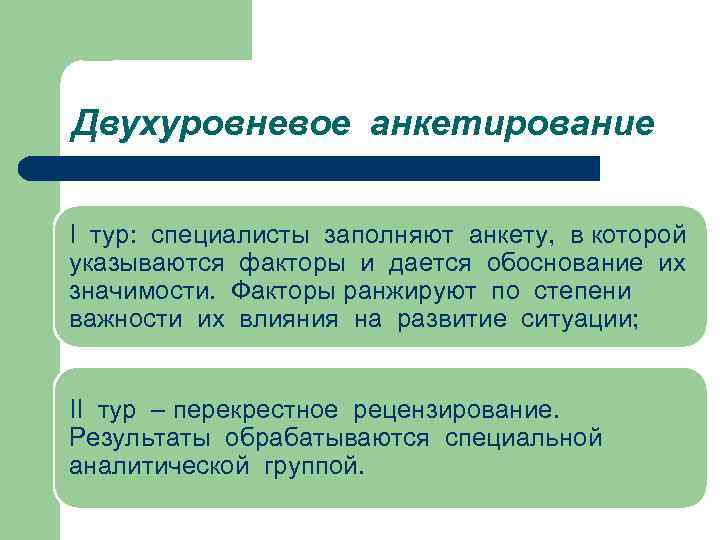 Двухуровневое анкетирование I тур: специалисты заполняют анкету, в которой указываются факторы и дается обоснование