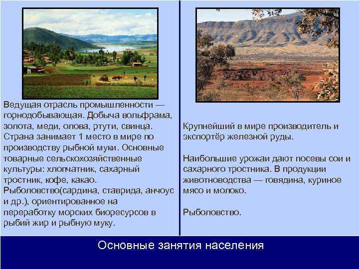 Ведущая отрасль промышленности — горнодобывающая. Добыча вольфрама, золота, меди, олова, ртути, свинца. Страна занимает