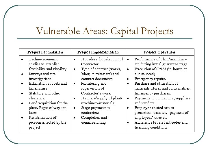 Vulnerable Areas: Capital Projects Project Formulation Techno-economic studies to establish feasibility and viability Surveys