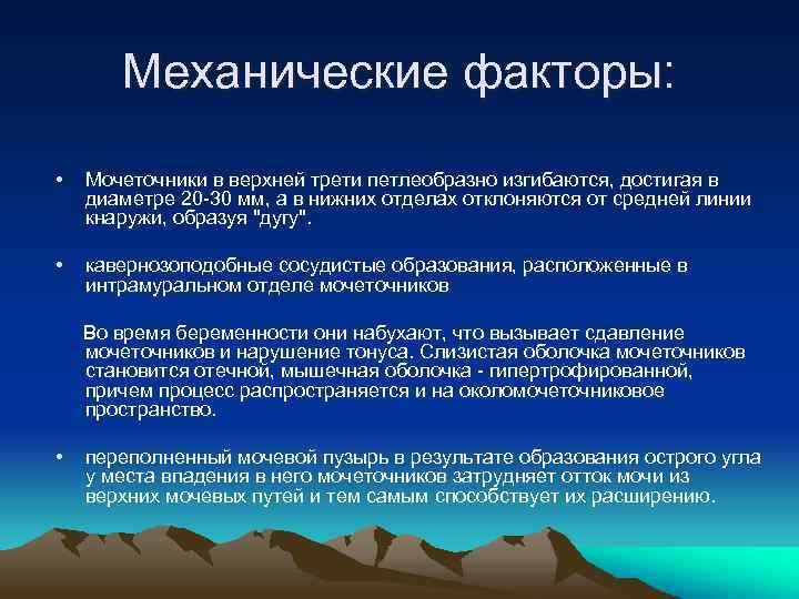 Механические факторы: • Мочеточники в верхней трети петлеобразно изгибаются, достигая в диаметре 20 -30