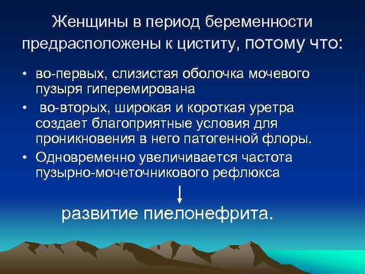 Женщины в период беременности предрасположены к циститу, потому что: • во-первых, слизистая оболочка мочевого