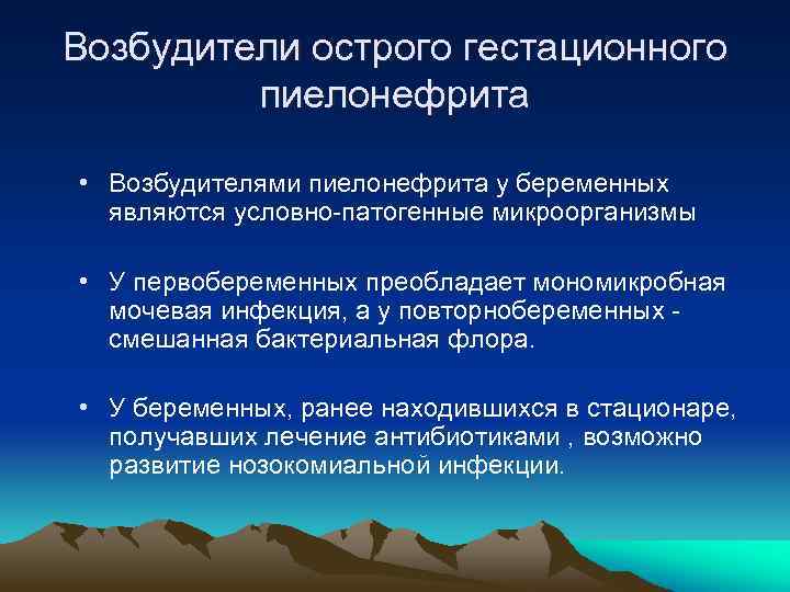 Возбудители острого гестационного пиелонефрита • Возбудителями пиелонефрита у беременных являются условно-патогенные микроорганизмы • У