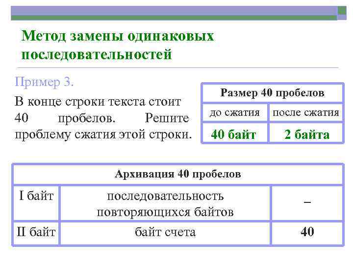 Метод замены одинаковых последовательностей Пример 3. В конце строки текста стоит 40 пробелов. Решите