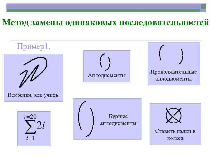 Метод замены одинаковых последовательностей Пример1. Аплодисменты Продолжительные аплодисменты Век живи, век учись. Бурные аплодисменты