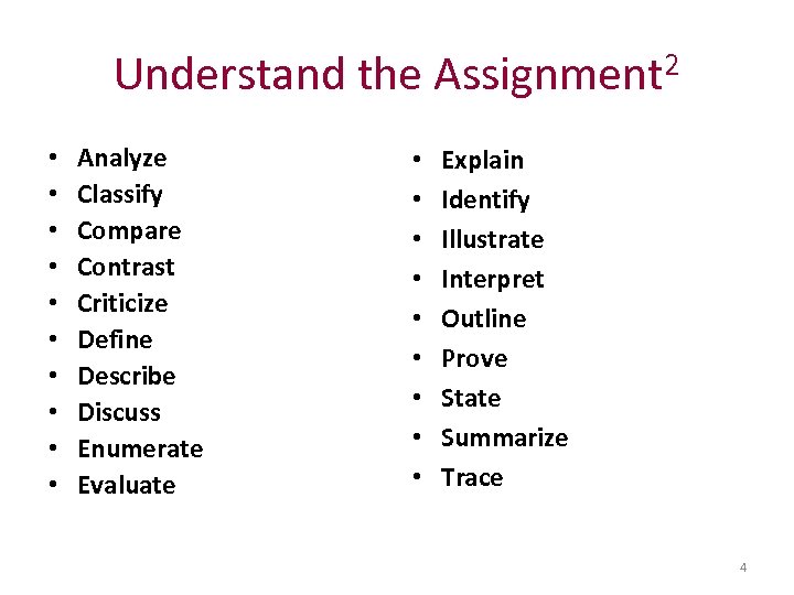 Understand the Assignment 2 • • • Analyze Classify Compare Contrast Criticize Define Describe