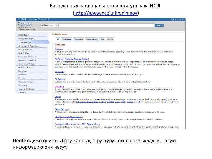 База данных национального института рака NCBI (http: //www. ncbi. nlm. nih. gov) Необходимо описать