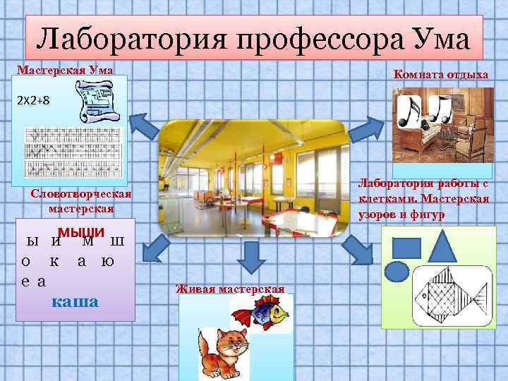 Лаборатория профессора Ума Мастерская Ума Комната отдыха 2 Х 2+8 Лаборатория работы с клетками.