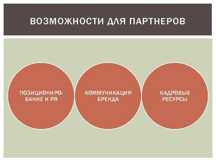 ВОЗМОЖНОСТИ ДЛЯ ПАРТНЕРОВ ПОЗИЦИОНИРОВАНИЕ И PR КОММУНИКАЦИЯ БРЕНДА КАДРОВЫЕ РЕСУРСЫ 