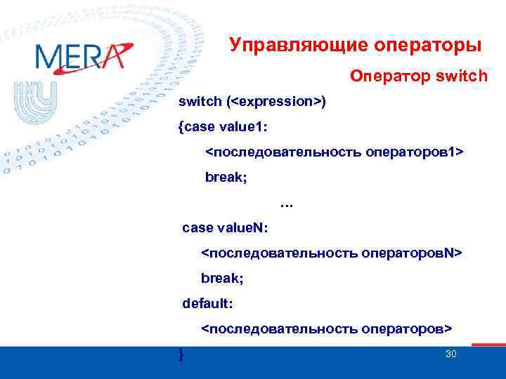 Управляющие операторы Оператор switch (<expression>) {case value 1: <последовательность операторов 1> break; … case
