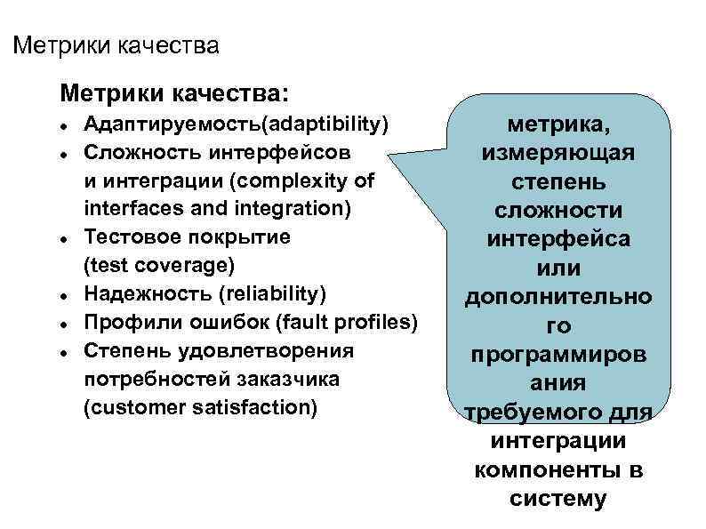 Метрики качества: Адаптируемость(adaptibility) Сложность интерфейсов и интеграции (complexity of interfaces and integration) Тестовое покрытие