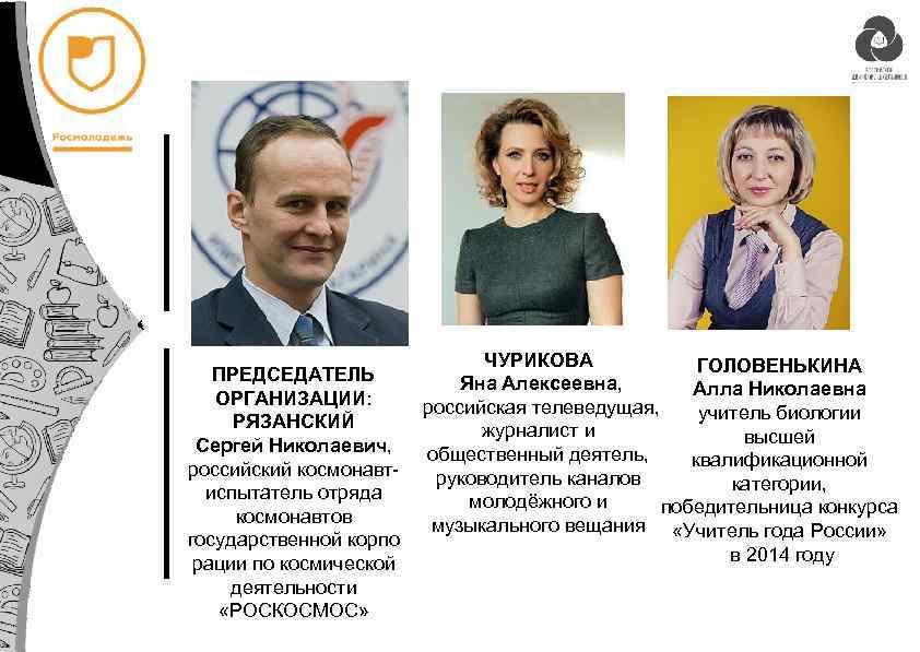 ЧУРИКОВА ГОЛОВЕНЬКИНА ПРЕДСЕДАТЕЛЬ Яна Алексеевна, Алла Николаевна ОРГАНИЗАЦИИ: российская телеведущая, учитель биологии РЯЗАНСКИЙ журналист