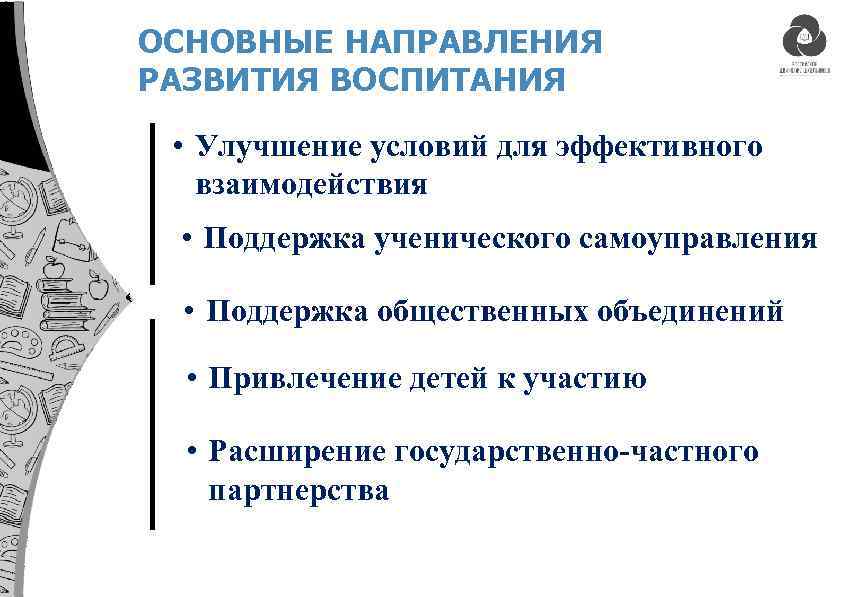 ОСНОВНЫЕ НАПРАВЛЕНИЯ РАЗВИТИЯ ВОСПИТАНИЯ • Улучшение условий для эффективного взаимодействия • Поддержка ученического самоуправления