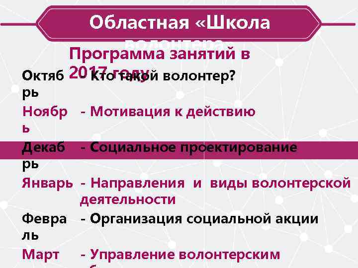 Областная «Школа волонтера» в Программа занятий Октяб 2017 году волонтер? - Кто такой рь