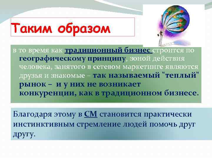 Таким образом в то время как традиционный бизнес строится по географическому принципу, зоной действия