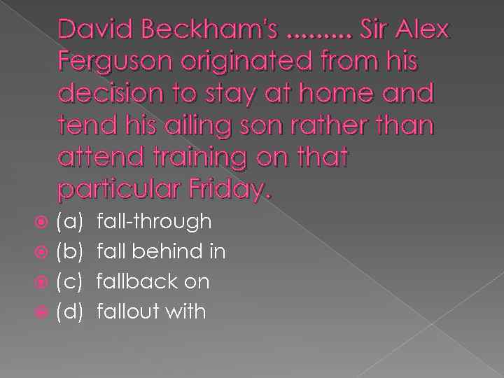 David Beckham's. . Sir Alex Ferguson originated from his decision to stay at home