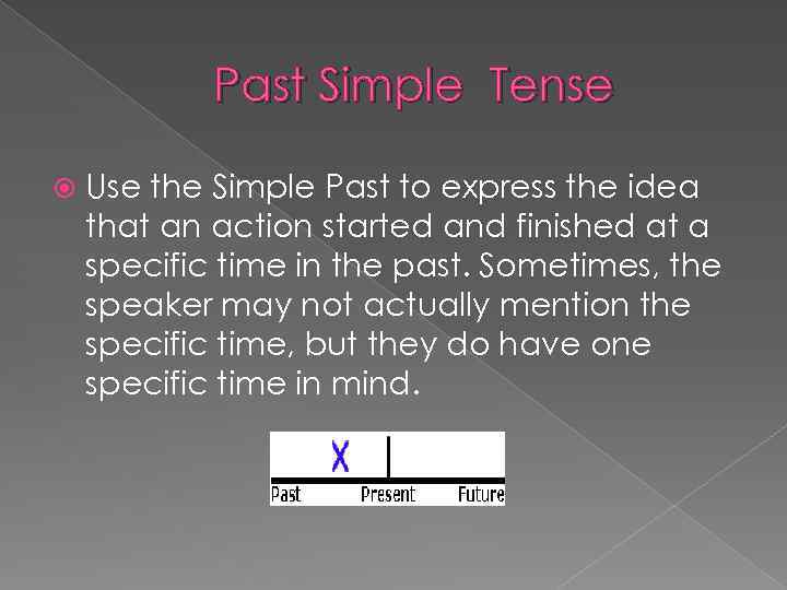 Past Simple Tense Use the Simple Past to express the idea that an action