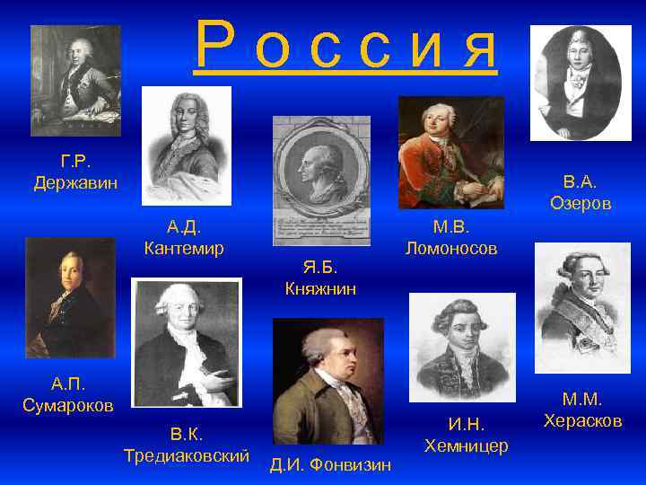 Россия Г. Р. Державин В. А. Озеров А. Д. Кантемир Я. Б. Княжнин А.
