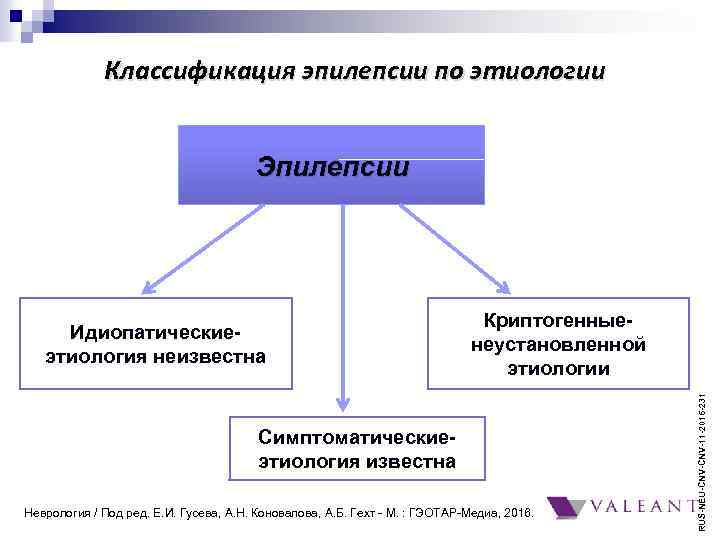 Классификация эпилепсии по этиологии Эпилепсии Криптогенныенеустановленной этиологии Симптоматическиеэтиология известна Неврология / Под ред. Е.