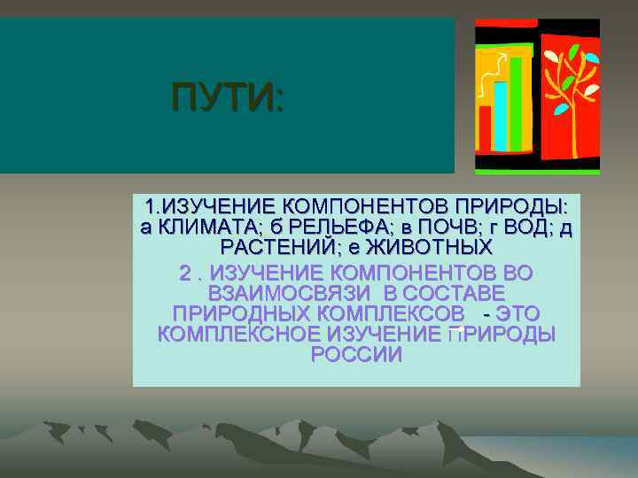 ПУТИ: 1. ИЗУЧЕНИЕ КОМПОНЕНТОВ ПРИРОДЫ: а КЛИМАТА; б РЕЛЬЕФА; в ПОЧВ; г ВОД; д