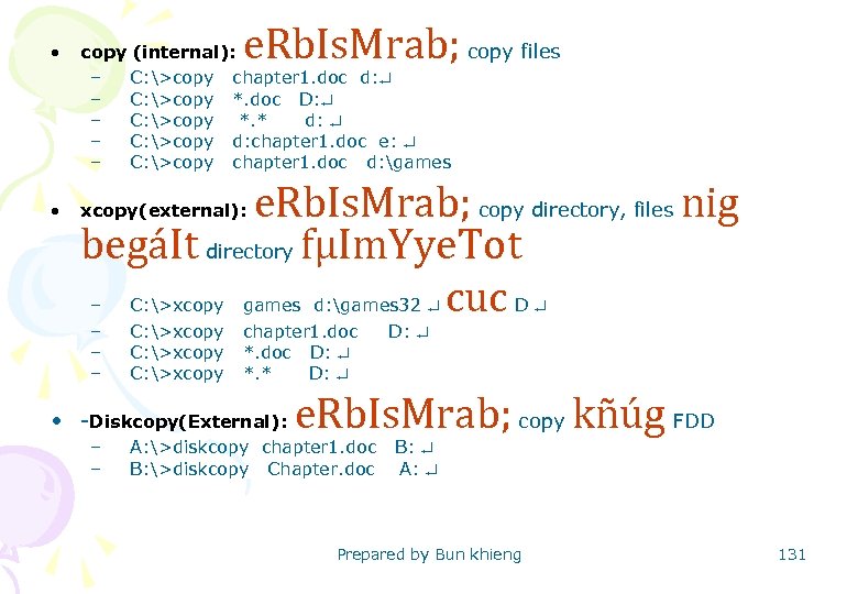 e. Rb. Is. Mrab; • copy (internal): copy files – C: >copy chapter 1.