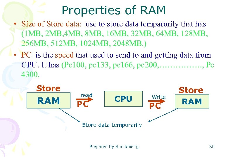 Properties of RAM • Size of Store data: use to store data temparorily that