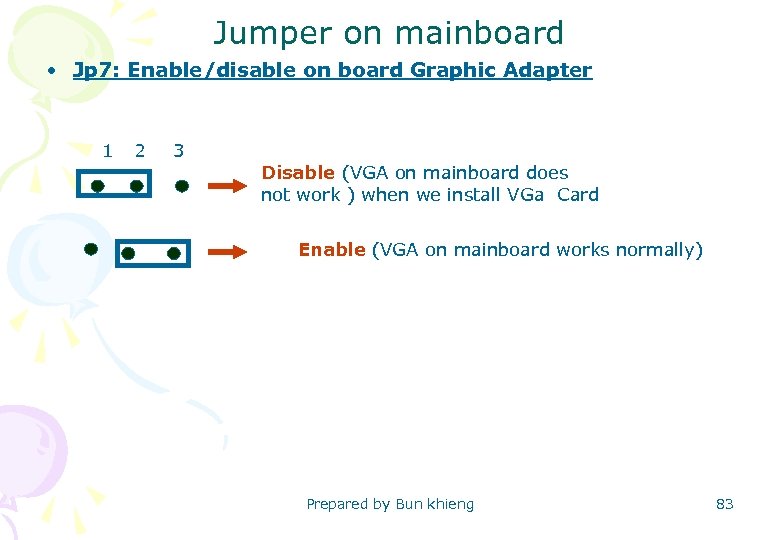 Jumper on mainboard • Jp 7: Enable/disable on board Graphic Adapter 1 2 3