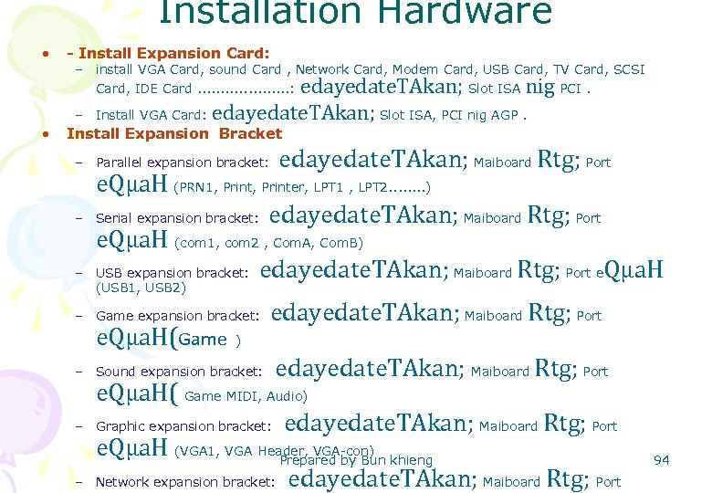 Installation Hardware • - Install Expansion Card: – install VGA Card, sound Card ,