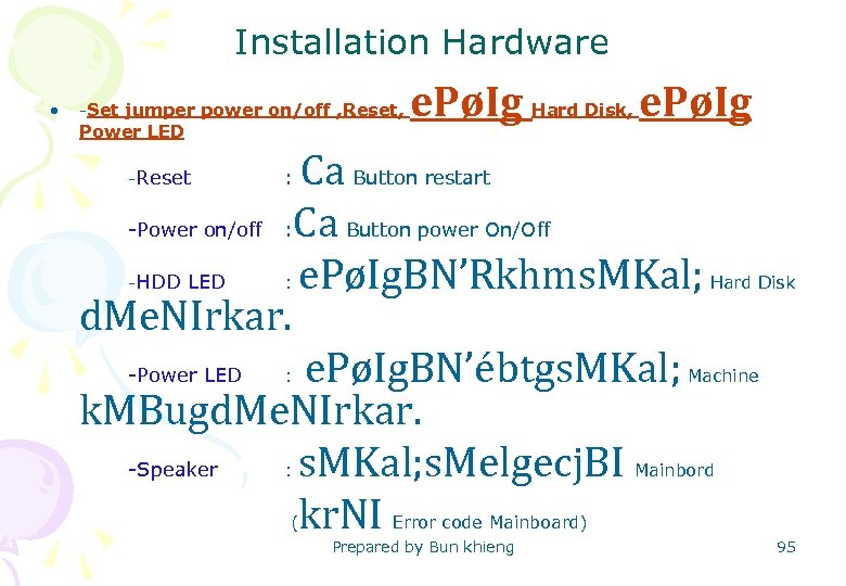 Installation Hardware • -Set jumper power on/off , Reset, Power LED e. PøIg Hard