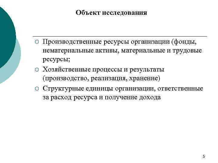 Объект исследования ¡ ¡ ¡ Производственные ресурсы организации (фонды, нематериальные активы, материальные и трудовые