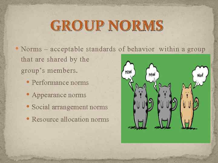 GROUP NORMS • Norms – acceptable standards of behavior that are shared by the