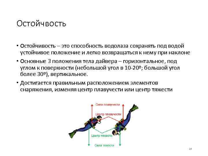 Остойчвость • Остойчивость – это способность водолаза сохранять под водой устойчивое положение и легко