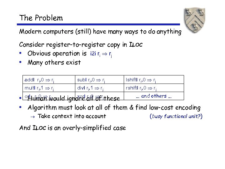 The Problem Modern computers (still) have many ways to do anything Consider register-to-register copy