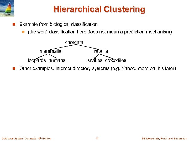 Hierarchical Clustering n Example from biological classification l (the word classification here does not