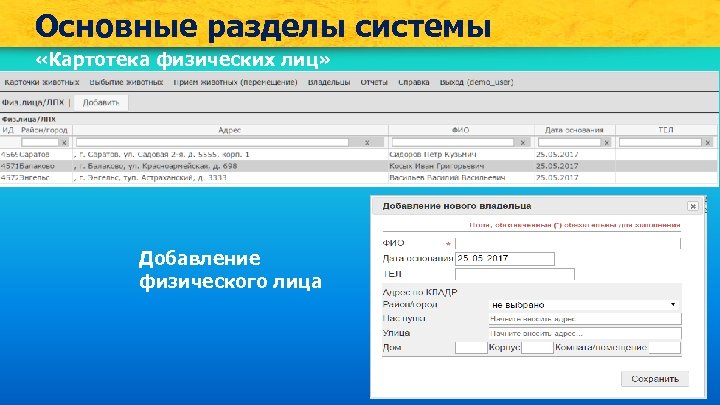 Основные разделы системы «Картотека физических лиц» Добавление физического лица 