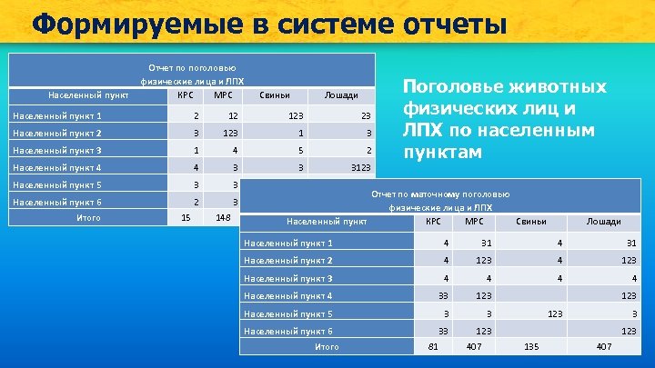 Формируемые в системе отчеты Населенный пункт Отчет по поголовью физические лица и ЛПХ КРС