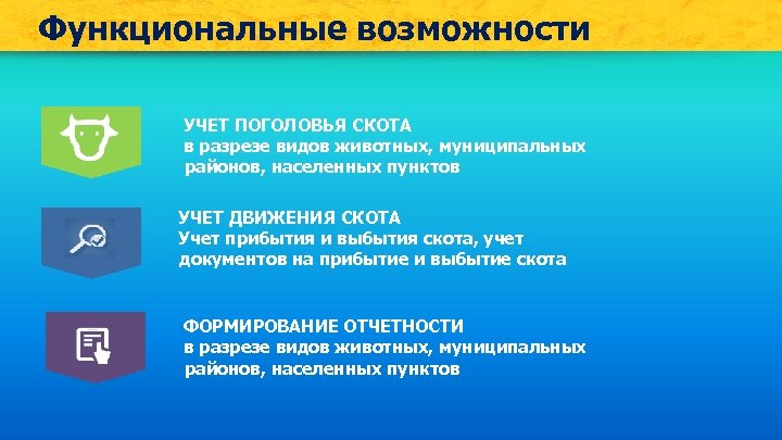 Функциональные возможности УЧЕТ ПОГОЛОВЬЯ СКОТА в разрезе видов животных, муниципальных районов, населенных пунктов УЧЕТ