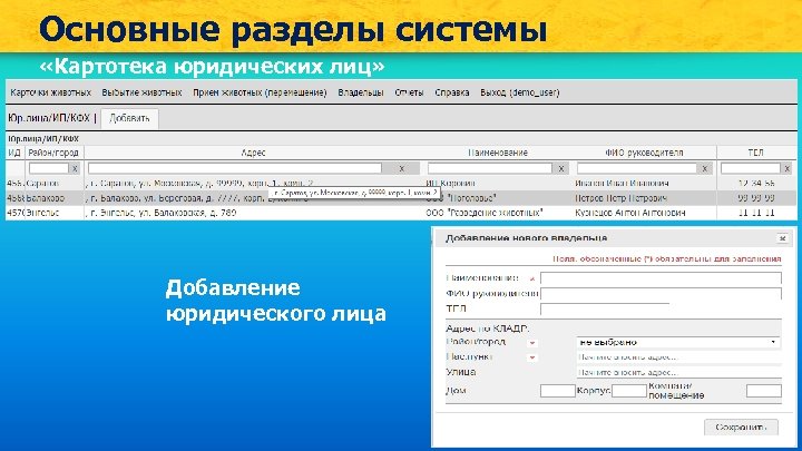 Основные разделы системы «Картотека юридических лиц» Добавление юридического лица 
