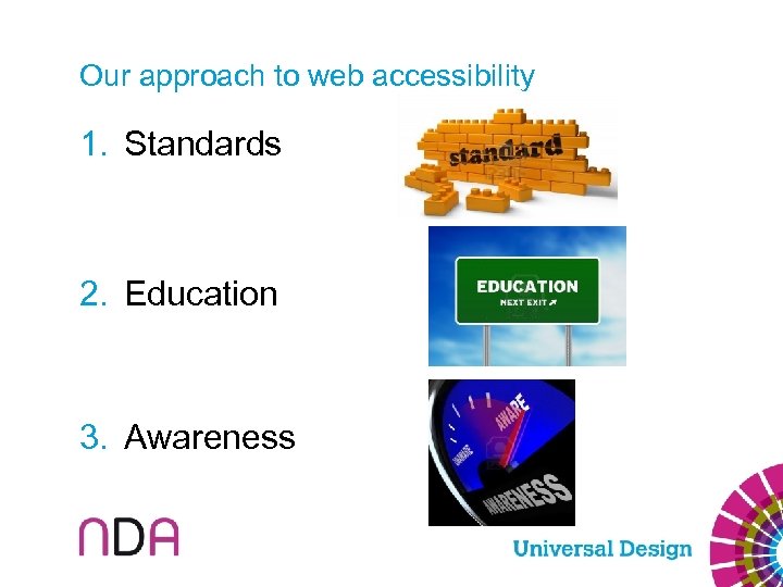 Our approach to web accessibility 1. Standards 2. Education 3. Awareness 